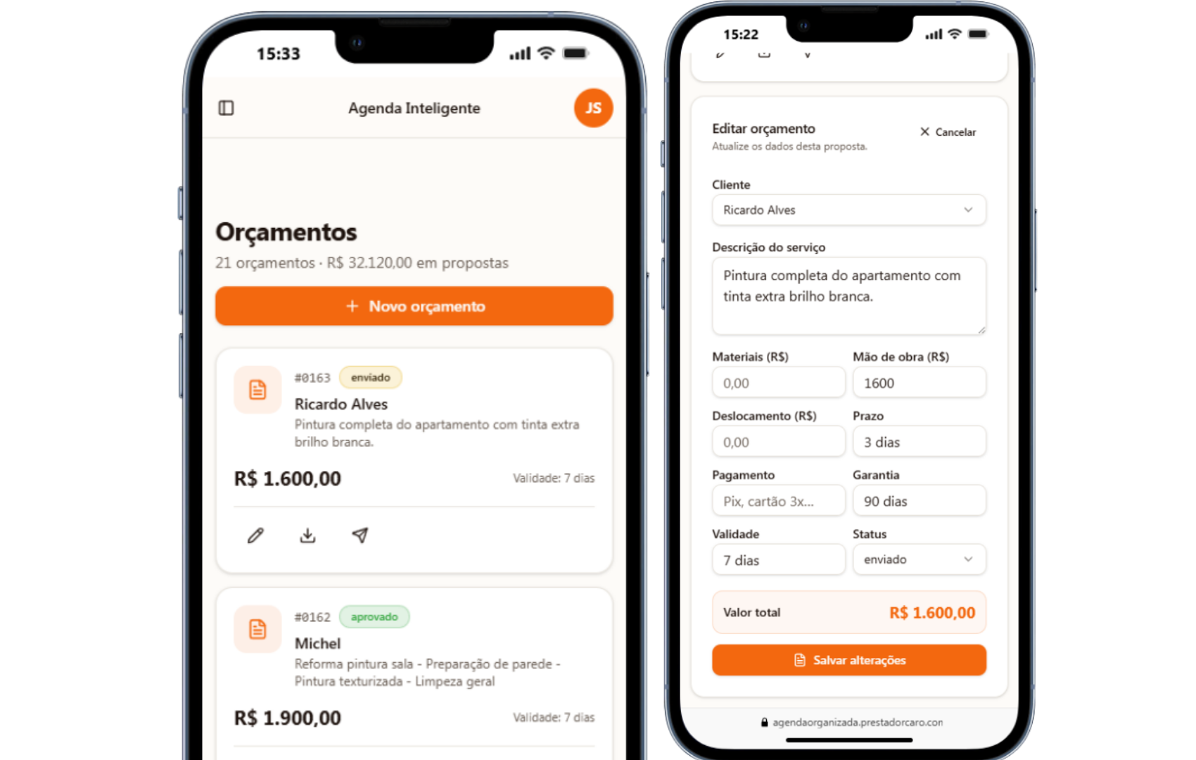 Tela de Orçamentos do app Agenda Inteligente